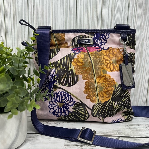 TUMI Floral Print Crossbody Bag Nylon Adjustable Strap Travel Shoulder Bag - Picture 1 of 13